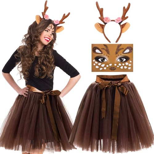 Pipihome Karneval Reh Kostüm Damen, Faschingskostüme mit Brauner Tutu Tüllrock, Rehgeweih, Blütenhaarreif und Tattoo