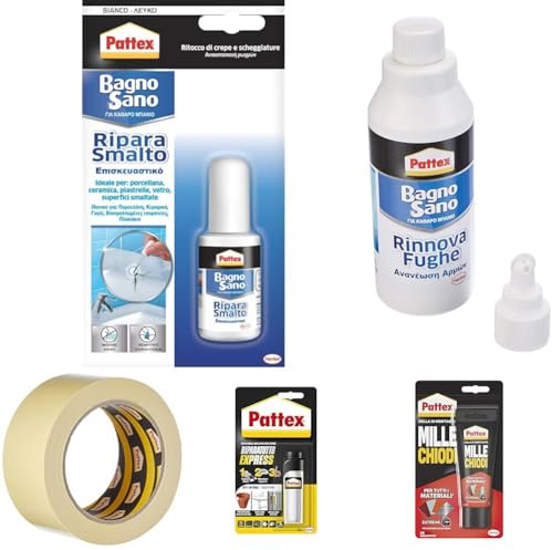 Pattex Bagno Sano Ripara Smalto, Smalto acrilico a base acqua per ritocchi di scheggiature con effetto vernice, Smalto per piastrelle con potere riempitivo e pennellino, 1x50ml