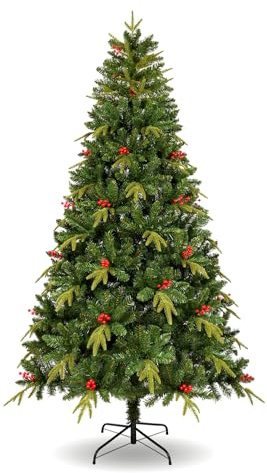 Uten Artificial 7.5ft Christmas Tree, with Realistic PE Leaves Indoor Home Xmas Tree Decoration, 1150 Natural Looking PE & PVC Tips, 37 Groups Red Berries, Hinged Branches, Metal Stand, Reusable