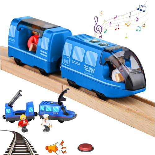 Vmxlso Holzeisenbahn Elektrische lok, Magnetanschluss Eisenbahn Kinder Elektrisch, Batteriebetriebener Elektrische Eisenbahn Kinder, 1Eisenbahn Elektrisch Kompatibel mit Thomas, Chuggington(Blau)