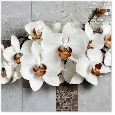 H10401M_NS1EP Sticker mural décoratif Motif orchidées blanches et mosaïque 140 x 140 cm