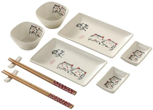 Mocerakai 10 pcs Japanese Sushi Plate Sets Serving Platters and Trays for Entertaining Sushi Dishes Set Plates Sushi Plates Traditional Cuisine Dinnerware Sets with Chopsticks Cat