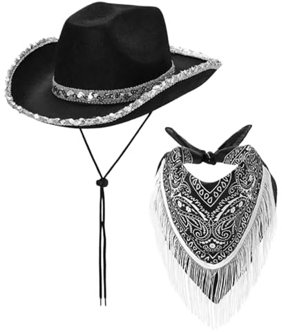 SWEETBIUTI Cowgirl -Hut breiter Krempe Hut mit Fransen -Bandana gebogener Edge Pailletten Schwarze Cowgirl -Hut mit Kinngurt Western Cowboy Hut für Cosplay, Halloween Costumes 2pcs/Set