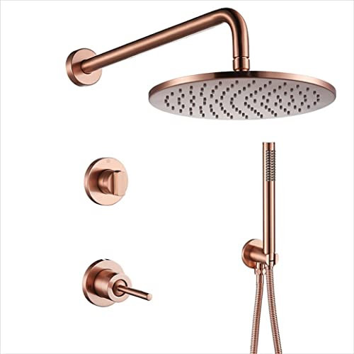 TATITZRO Sistema Doccia, Set Doccia da Bagno in Ottone Spazzolato Oro Rosa, Braccio a Parete, Miscelatore deviatore, Set di doccetta con soffione Doccia a Pioggia Rotondo da 8-10 Pollici, L