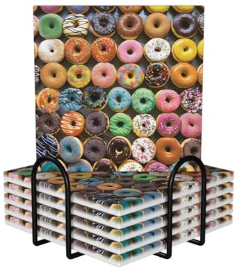 Set di 6 sottobicchieri con stampa di ciambelle, quadrati, assorbenti, in ceramica, con supporto in metallo nero, per la decorazione di casa e ufficio