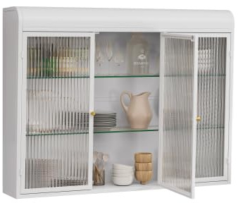 HAINEW Moderner Hängeschrank Küchenschrank Wandschrank mit 3 Glastüren, Metal und Glas Badschrank Sideboard Hängend Medizinschrank für Küche Bad, 90×20×70cm (Weiß)