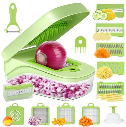 Romon Cortador de Verdura, Vegetable Chopper, 14 en 1 Cortadora Multifuncional de Verduras, Cortador de Verduras Manual en Cubos, Palitos, Rodajas, Tiras y Cuartos.