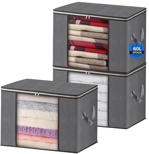 AIOR 3pcs Scatole per Armadio Salvaspazio, 60L Grande Capacità Borsa Porta Abiti con Finestra Trasparente, Pieghevole Traspirante Organizzatore Borsa per Trapunte, Coperte, Biancheria da Letto
