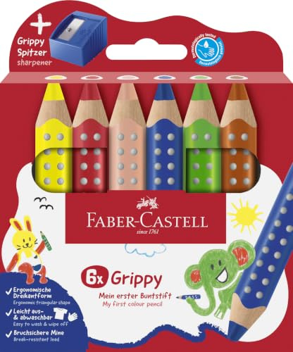 FABER-CASTELL - Buntstifte Set Grippy, 6 Malstifte und Anspitzer | Dicke 3-in-1 Farbstifte für Kleinkinder, ergonomischer Jumbo Buntstift mit Grip-Noppen, leicht abwaschbar
