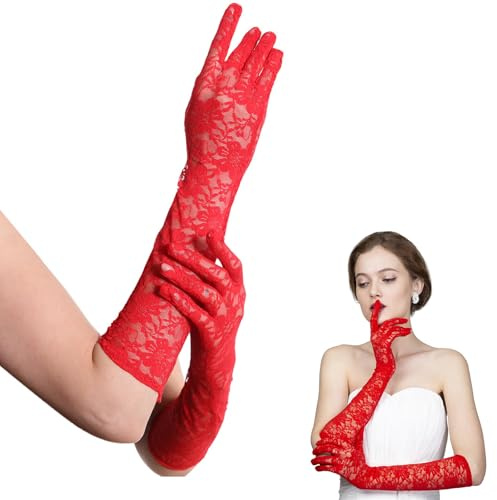YNR Lange Spitzenhandschuhe, Blumenspitze Elastisch Handschuhe, Lang Hochzeit Braut Blumenhandschuhe, Ellenbogenlänge Florale Spitzen Handschuhe für 1980er Jahre Party Teeparty Kleidungszubehör (Rot)