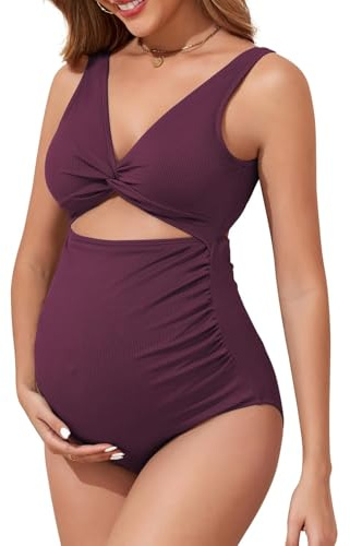 Century Star Maternity One Piece Swimsuits for Women - Ribbed Cutout High Waist Maternity Bathing Suits Tie Knot Pregnancy Swimwear 2026 Purple Red XL