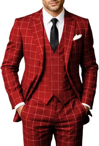 Solovedress Completi da uomo 3 pezzi Abito da uomo classico a quadri Sakko Pantalone Gilet per matrimoni e affari, Colore: rosso, M