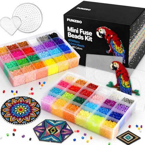 Mini Bügelperlen 2,6mm – 40.000 Perlen, 48 Farben – kreatives Bastelset für Erwachsene & Jugendliche ab 12 Jahren – 8 Stiftplatten, Sortierbox, Pinzette, Musterheft, Komplett-Set