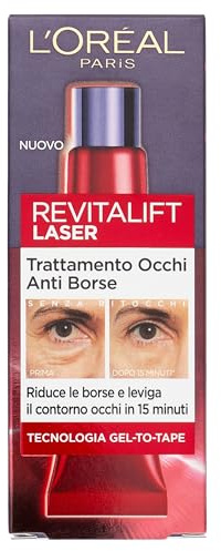 L'Oréal Paris Contorno Occhi Tonificante, Per uno Sguardo Illuminato e Riposato, Borse e Rughe Ridotte per 8H, Contorno Occhi Levigato e Disteso, Revitalift Laser Eye Bag Instant Eraser, 15 ml