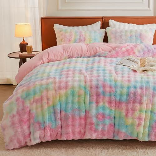 EMME Bubble Plüsch Bettwäsche 135x200,Schillernd | Winterbettwäsche aus Kaninchenfell-Imitat Warme Bettbezug mit Reißverschluss und 1 Kissenbezug 80x80cm ideal für kalte Nächte