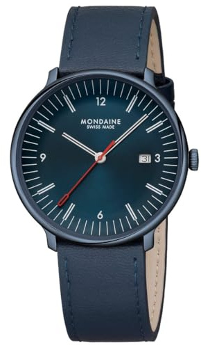 Mondaine Doppio klocka 41 mm herr – schweiziskt kvartsurverk, blå urtavla, safirglas, vattentätt, återvunnet rostfritt stål, veganskt äppelläderarmband