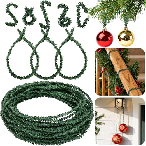 codree 50 Ft Christmas Artificial Pine Wire Garlands, Flexible Christmas Greenery Roping Garland Ties, Adjustable Faux Pine Stems Twist Ties for Xmas Holiday Craft Decor Gift Wrapping