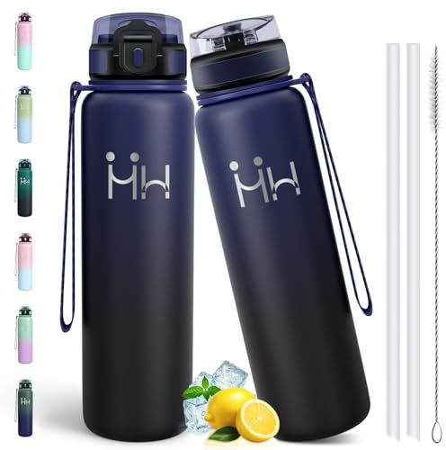 Motswedi Borraccia Termica 1 litro, Acciaio Inox Bottiglia Termica, Borraccia con Cannuccia, Isolamento Sottovuoto a Doppia Parete, per Acqua Fredda e Calda, per Campeggio, Palestra, Blu scuro & Nero