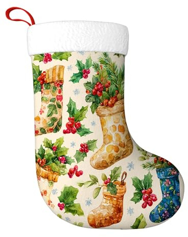Calza di Natale con agrifoglio, bacche rustiche in legno di pino, decorazioni natalizie, regali per casa, camino, caminetto, albero, soggiorno, festa, 27,9 x 45,7 cm