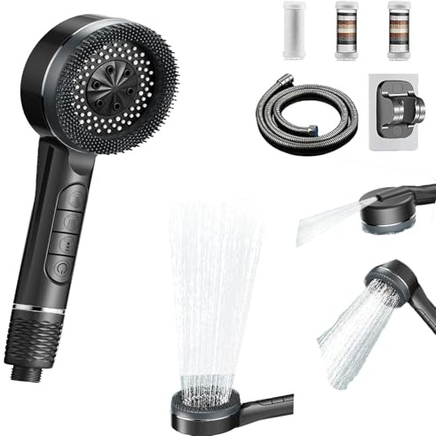 SenaiMy Duschkopf Set mit Filter, 1,5M Schlauch und Halterung 4 Strahlarten Hochdruck Handbrause mit Massagefunktion für Dusche Badewanne, Wasserspar Duschkopf für Entfernen Vom Rest-chlor (Grau)