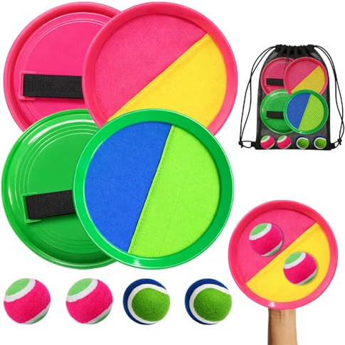 Zouonou Klettballspiel Set Kinder, Verbesserte 4 Schläger mit 2 Klett- & 2 Softbällen, Wurfspiel Outdoor, Strandspiel, Gartenspiel mit Tragetasche