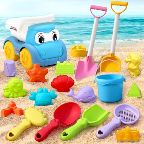 19Stück Sandspielzeug Set für Kinder mit LKW, Eimer, Schaufeln & Sandformen, BPA-frei Robuste Strandspielzeug & Sandkasten Spielzeug für Junge & Mädchen ab 3 Jahren Hinterhof, Spielplatz, Park