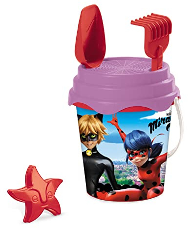 Mondo Toys - BUCKET SET + WATER CAN MIRACULOUS - Sandeimer Set ø17 cm mit Giesser - 6-Teiliges Strandspielzeug Set für Kinder ab 3 Jahren, Strandset - 28407