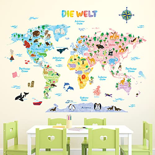 DECOWALL SG2-1615SDE Weltkarte Tierweltkarte Tiere Wandtattoo Wandsticker Wandaufkleber Wanddeko für Wohnzimmer Schlafzimmer Kinderzimmer (Groß) (Deutsche Ver.)