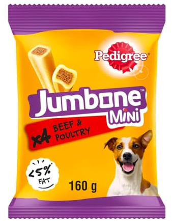 Pedigree Jumbone Mini Hundeleckerlis für kleine Hunde, Rind und Geflügel, 4 Kausnacks, 160 g