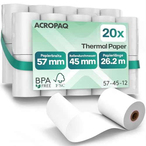 ACROPAQ - 20 x Thermorollen - 57mm x 45mm x 26,2m - Premium BPA-freies EC rollen thermo-papierrollen für Ec-Cash-Geräte - Kassenrollen, Bonrollen, Kassenbon Rolle