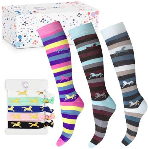 Cantik Set regalo di calzini da equitazione per ragazze, include calzini alti al ginocchio con accessori, confezione regalo per amanti dei cavalli (US, Alpha, taglia unica, regolare, set da 3 pezzi)