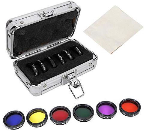 Set di filtri per lenti con filtro lunare da 1,25 pollici, set di 6 filtri colorati (giallo + arancione + rosso + verde + blu + viola), filtro per oculari del telescopio, vetro ottico in lega di allum