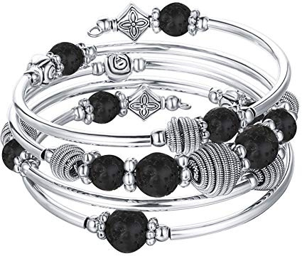 Bulinlin Silber Wickelarmband mit Naturstein Perlen Boho Mehrschichtiges Damen Armbänder Geburtstags Modegeschenk für Frauen