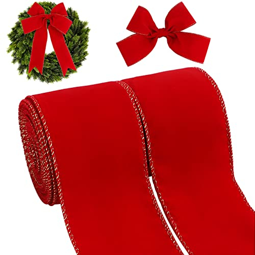 Kingovalley 2 Rollen Weihnachtsband mit Draht, 6,3 cm x 9,1 m, rotes Samtband mit goldenem Rand, Vintage-Weihnachtsband für Weihnachten, DIY, Handwerk, Zuhause, Girlande, Schleife, Türkranz,