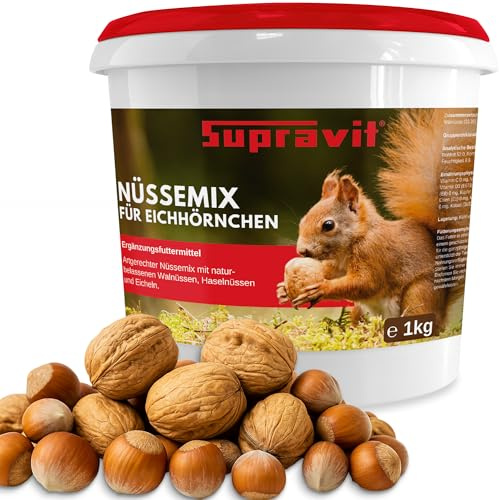 Supravit Frische Nüsse-Mix Eichhörnchen Futter 1kg | Futter für Eichhörnchen mit Haselnüsse, Walnüsse mit Schale für Eichhörnchen | Ganzjähriges Eichhörnchenfutter
