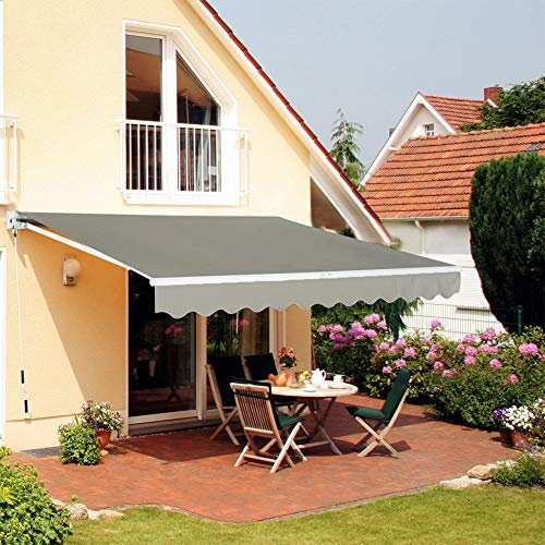 The Fellie Garden Awning Patio Retractable Manual Awning Canopy Sun Shade Shelter with Winding Handle (L3.5xW3m, Grey)