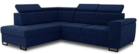 Ecksofa Natan mit Schlaffunktion und einstellbare Kopfstützen - Wohnlandschaft mit Metallfüßen, Couchgarnitur, Bettkasten, Sofagarnitur, Sofa (Ecksofa Links, Blau (Kronos 09))