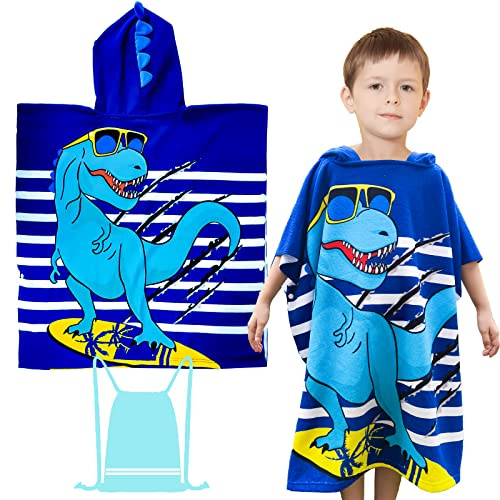 FILOWA Badetücher Jungen Handtuch Poncho mit Kapuze, Dinosaurier | Mikrofaser Badehandtuch, Weich, Saugfähig Strandtuch, Warm Kapuzenponchos für Jungen Mädchen Teenager