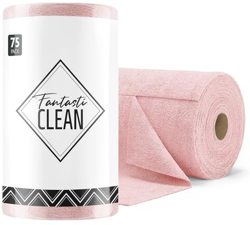 Fantasticlean Microfiber Cleaning Cloth Roll -75 Pack, Tear Away Microfiber Towels, 12 x 12, Reusable, Washable, Scratch Free, Ultra Absorbent Dishcloth for All-Around Cleaning Supplies (Pink)