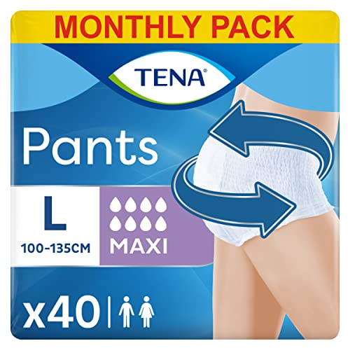 TENA Pants Maxi (L) Pacco Scorta Mensile - Mutandine assorbenti , elasticizzate e monouso, per perdite urinarie, unisex, discrete e confortevoli, 4 confezioni x 10 pezzi
