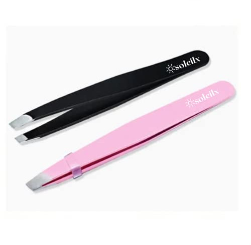 soleilx Set Pinzette Sopracciglia Professionali Punta Obliqua (2pz Nero+Rosa) Pinza Sopracciglia Pinzette Ciglia Punta Sottile Antiscivolo - Pinzette di Precisione - Epilatore Sopracciglia Uomo Donna