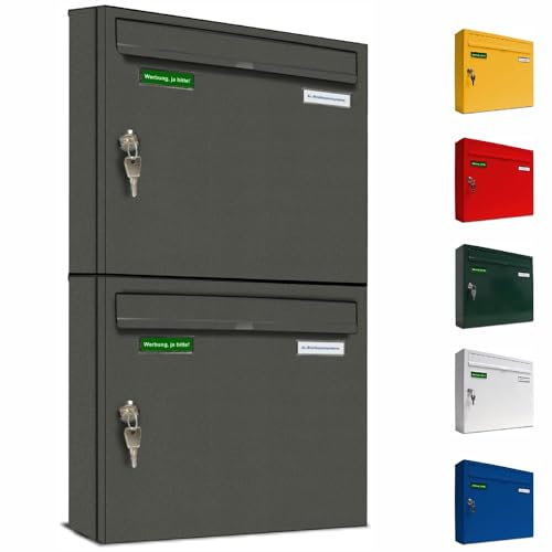 AL Briefkastensysteme Basic 2er Briefkasten DB 703 Eisenglimmer Grau 2 Fach DIN A4 wetterfest Briefkastenanlage mit Posthaltebügel und 2 Namensschildern