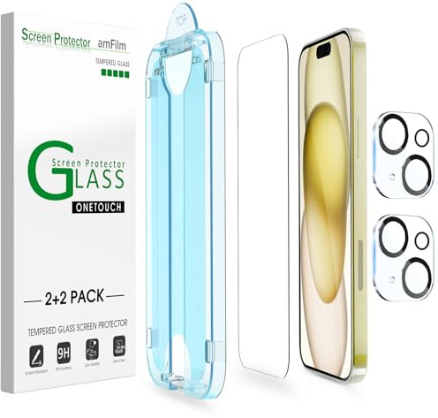 amFilm OneTouch 2+2 Pack Compatible with iPhone 15 Screen Protector 6.1 Tempered Glass with Camera Lens Protector Accessories, Premium Easiest Installation Kit 9H, Case Friendly Anti-Scratch HD