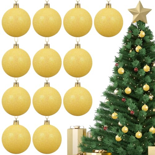 12 Pcs 2.4 inches Yellow Christmas Ball Christmas Tree Ornaments Christmas Tree Pendants Xmas Shiny Balls Baubles Set for Christmas Tree Hanging Wreath Garland Decorations（Yellow Glitter）