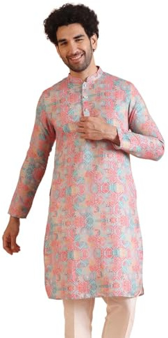 KISAH Mens Kurta - Printed Cotton Blend Tunic with Mandarin Collar, Regular Fit - Indian Wedding Outfit for Men - Festive Wear for Diwali, Eid & Celebrations D