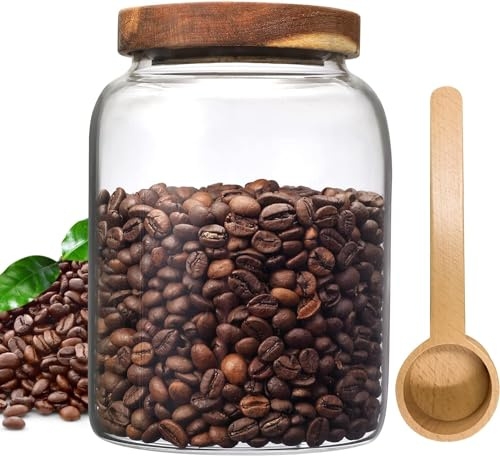 Foyofly Glass Coffee Storage Jar with Wooden Lids Spoon Thicken Canister Borosilicate Containers for Ground Coffee Beans Overnight Oatmeal Tea (2000ml/66oz)