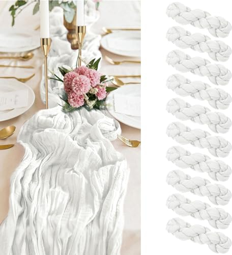 10 Packungen weißer Käsetuch-Tischläufer, 90 x 300 cm, Gaze-Bobo-Tischläufer, Käsetuch-Stoff, halbdurchsichtiger Tischläufer für Hochzeitsempfang, rustikale Boho-Hochzeitsparty-Tischdekoration