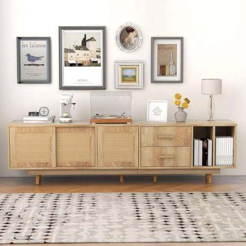 KOMHTOM TV Schrank aus holzfarbenem Rattan, Sideboard mit DREI Ablagefächern und 2 Schubladen, Mehrzweckschrank für Wohnzimmer, Schlafzimmer und Flur 190x40x52 cm