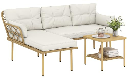 Outsunny Salon de Jardin Exterieur 4 Personnes avec 1 Table Basse Crème | 3 Pièces, Coussins Grand Confort Inclus, Résine Tressée