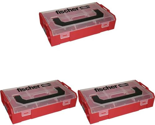 fischer FIXtainer, Sortierbox für Kleinteile, universelle Aufbewahrungs-Box für Dübel, Schrauben & Muttern, stapelbare Werkzeugkiste mit Tragegriff & Klicksystem, Dübelbox, Rot (Packung mit 3)